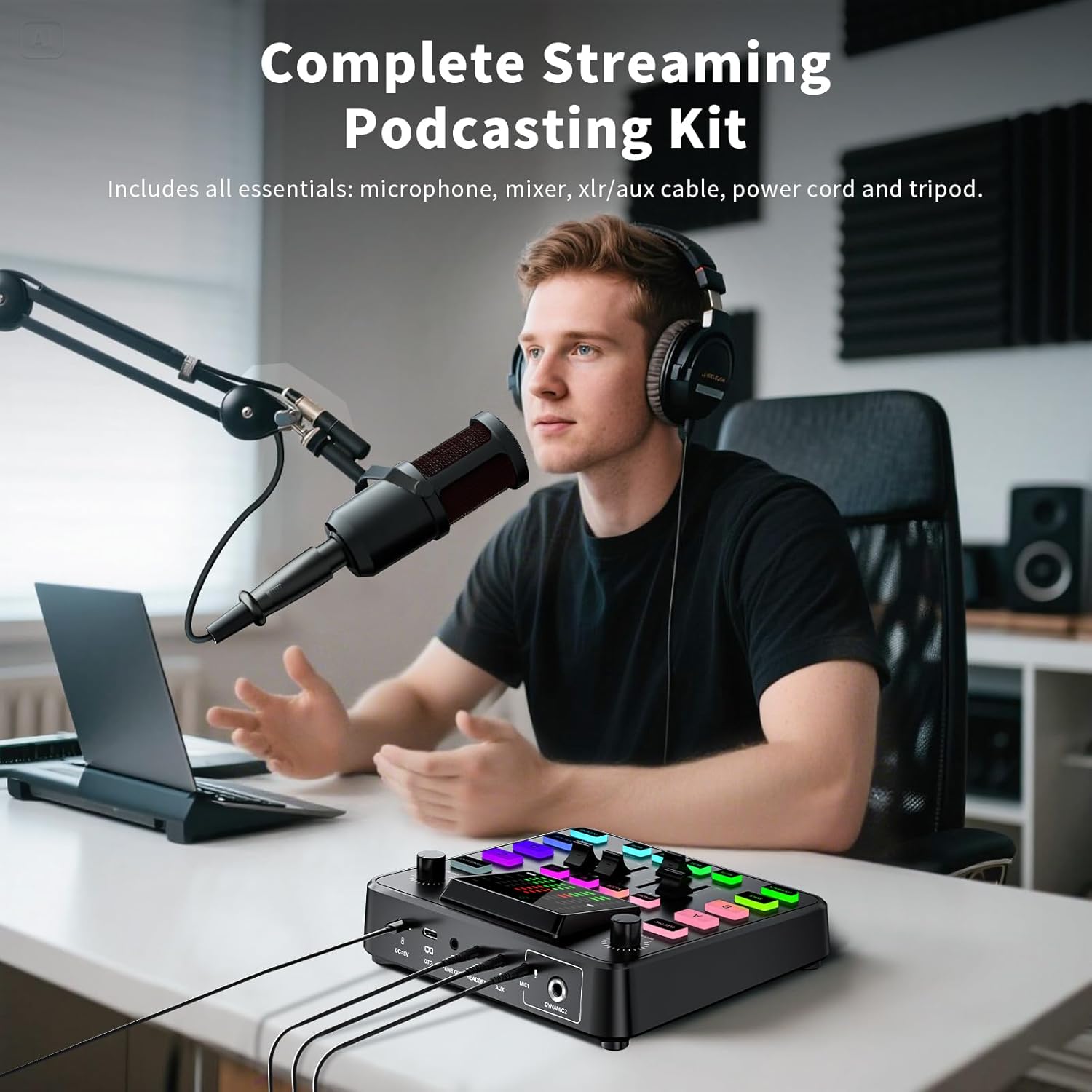 Podcast Equipment Bundle, PUPGSIS Audio Mixer with Dynamic Microphone, Pro-preamp, Bluetooth 5.3, Gaming Equipment Set for Podcast Recording, Live Streaming, Video Vocals, Phone, DJ