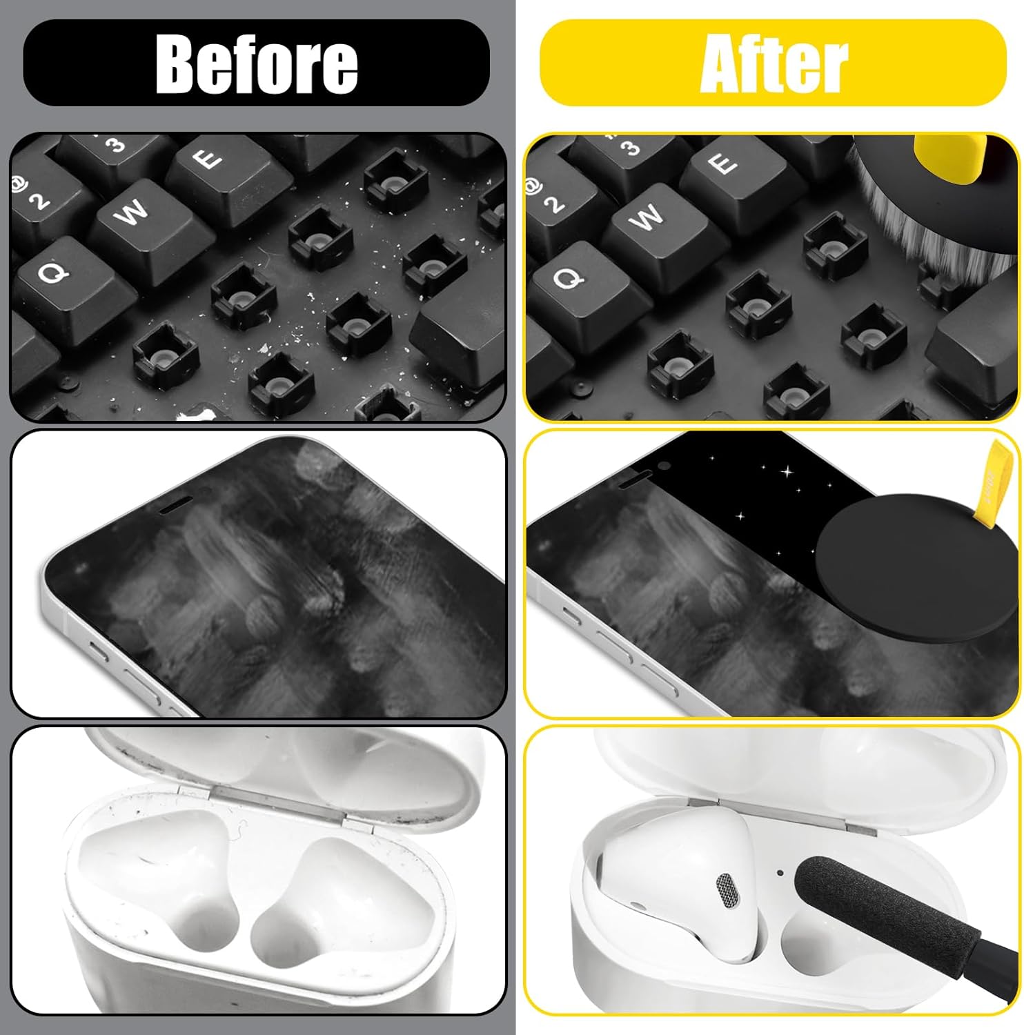 walrfid 2 Pack Laptop Phone Screen Cleaner Kit, Computer Keyboard Brush Cleaning Spray for iPhone AirPods MacBook iPad, 20-in-1 Electronic Device Tool for Camera Earbud TV Car Screens, Black White