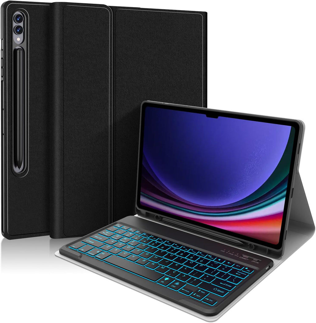 Keyboard Case for Samsung Galaxy Tab S10+ Plus / S9 FE+ Plus / S9+ Plus 12.4 Inch,7 Colors Backlit Bluetooth Keyboard, Detachable Wireless Magnetic Keyboard with S Pen Holder, Black