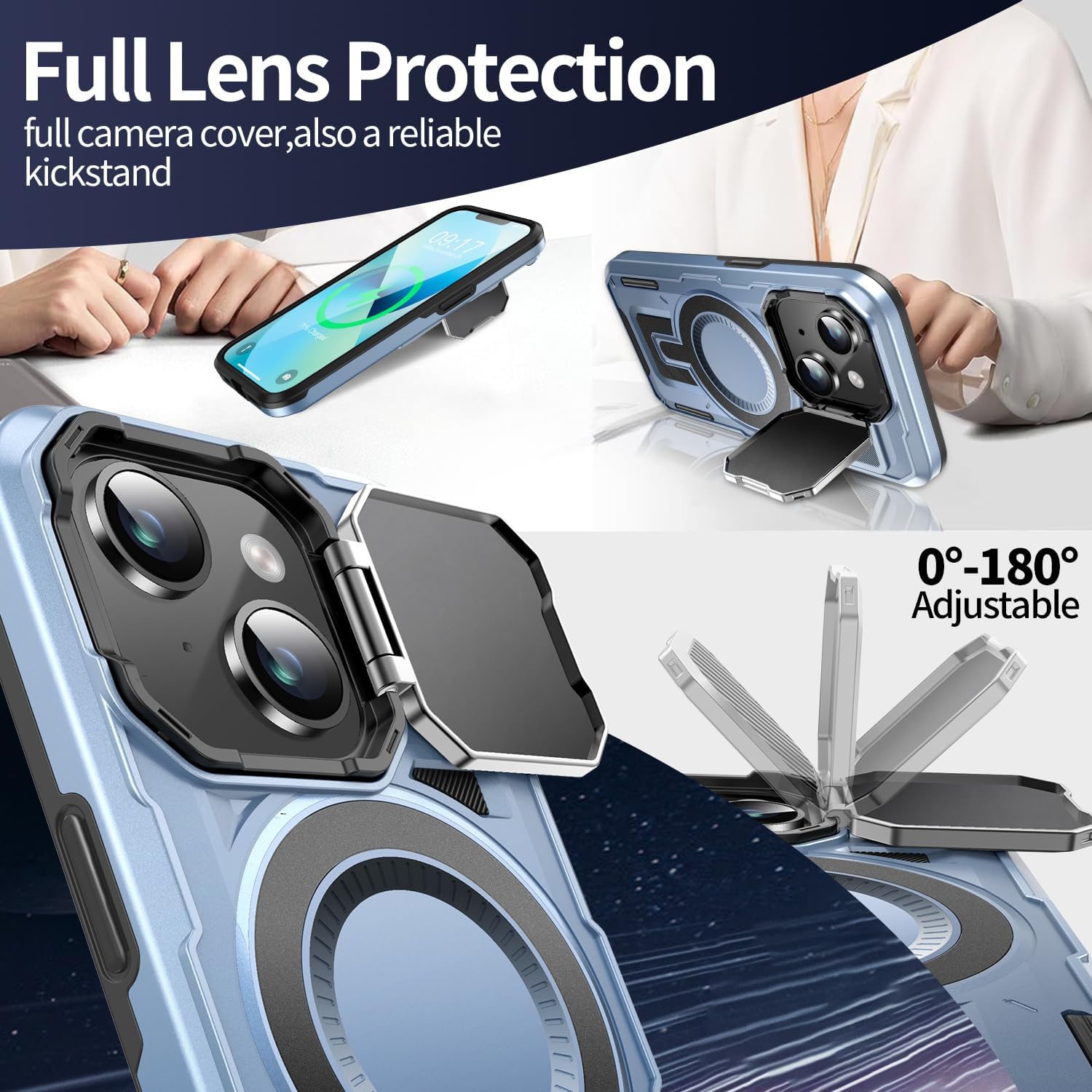 Camera Stand Case for iPhone 14 Plus, [Compatible with Mag Safe] [Lens Cover] 2024 Version Military Grade Protective Soft Case for iPhone 14 Plus 6.7 inch Men Women,Blue