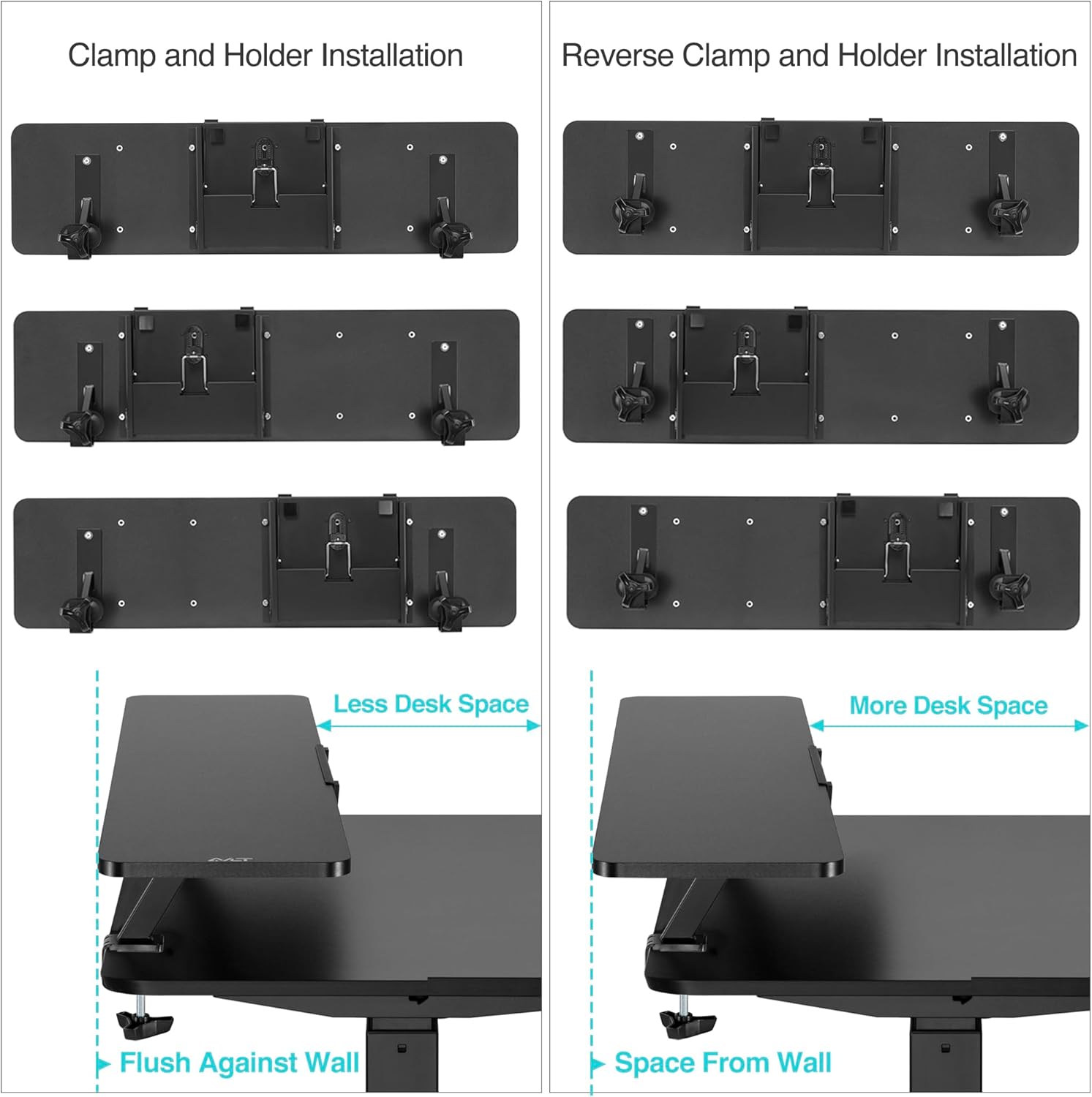 AVLT Clamp Desk Shelf Dual 32" Monitor Riser With Slide-out Holder for Convertible Laptop, Tablet, Smartphone (Black) - Floating Stand (Clamp-On Shelf Only)