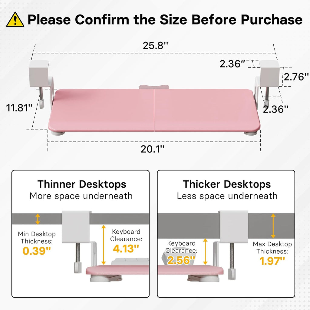 BONTEC KMT01-PJ Under Desk Keyboard Tray, Pull-Out Keyboard & Mouse Platform with C-Clamp, 20 x 11.8 in Space-Saving Ergonomic Slide-Out Drawer, Pink