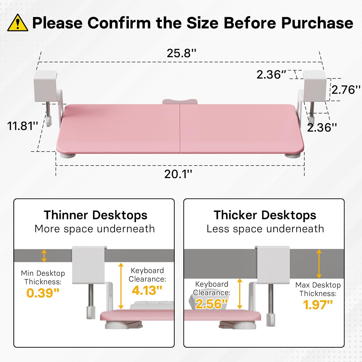 BONTEC KMT01-PJ Under Desk Keyboard Tray, Pull-Out Keyboard & Mouse Platform with C-Clamp, 20 x 11.8 in Space-Saving Ergonomic Slide-Out Drawer, Pink