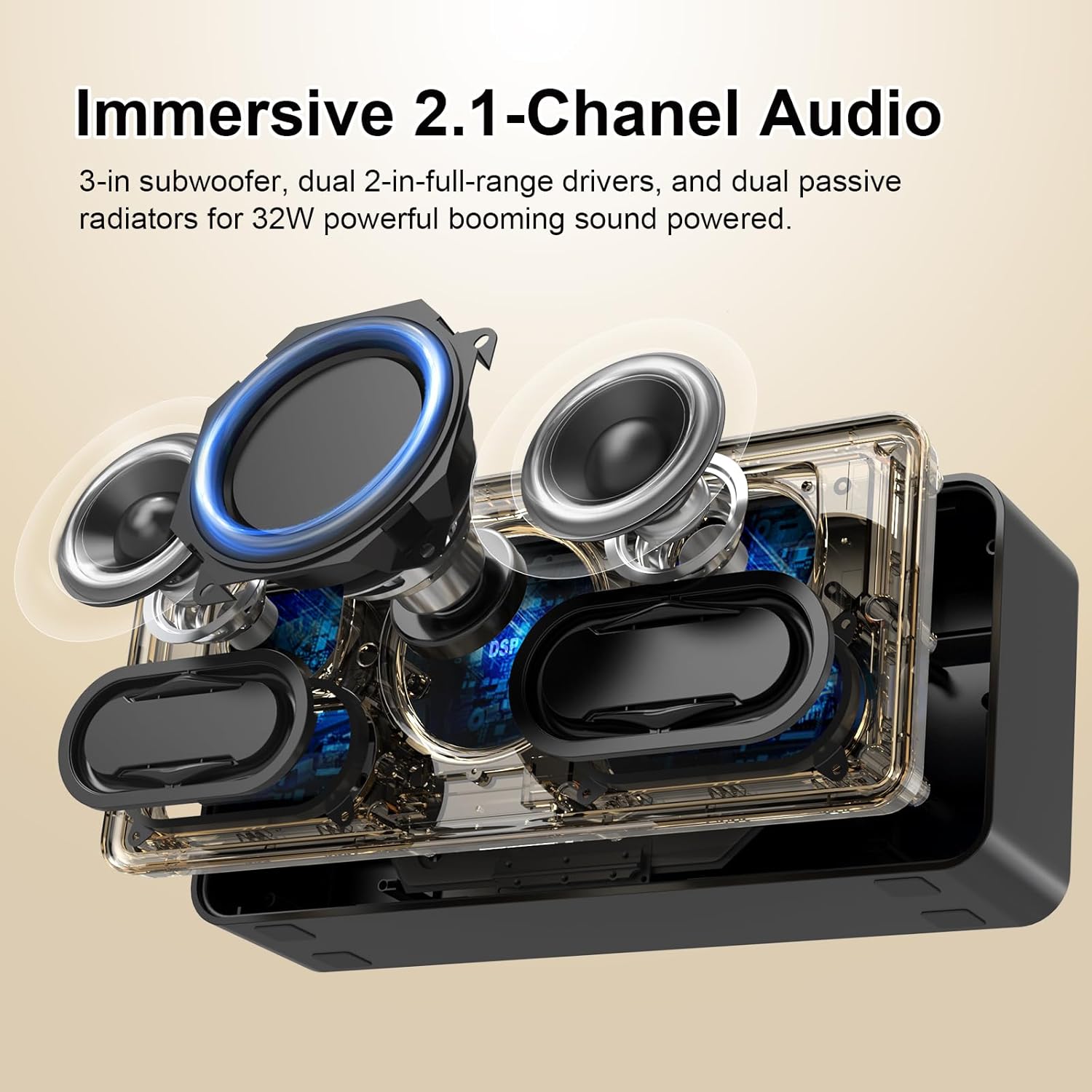 DOSS SoundBox XL Bluetooth Speaker with Subwoofer, 32W Loud Sound with Booming Bass, Dual DSP Technologies, 10H Playtime, USB-C, TWS, 2.1 Audio Channel for Home, Indoor and Office - Upgraded