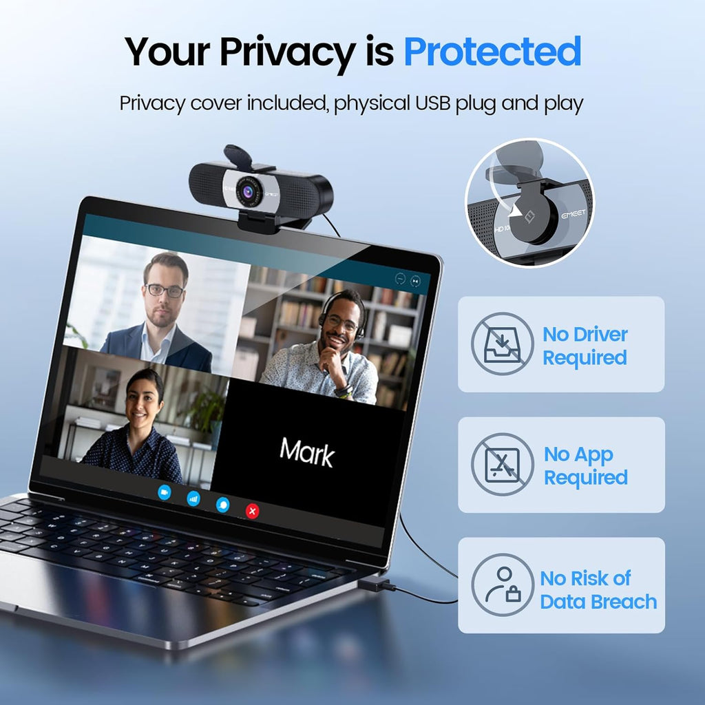 EMEET 1080P Webcam, C960 Web Camera with 2 Noise-Cancelling Microphones & Privacy Cover, 90° FOV Computer Camera, Plug & Play USB Webcam for Calls/Conference, Zoom/Skype/YouTube, Laptop/Desktop, Grey