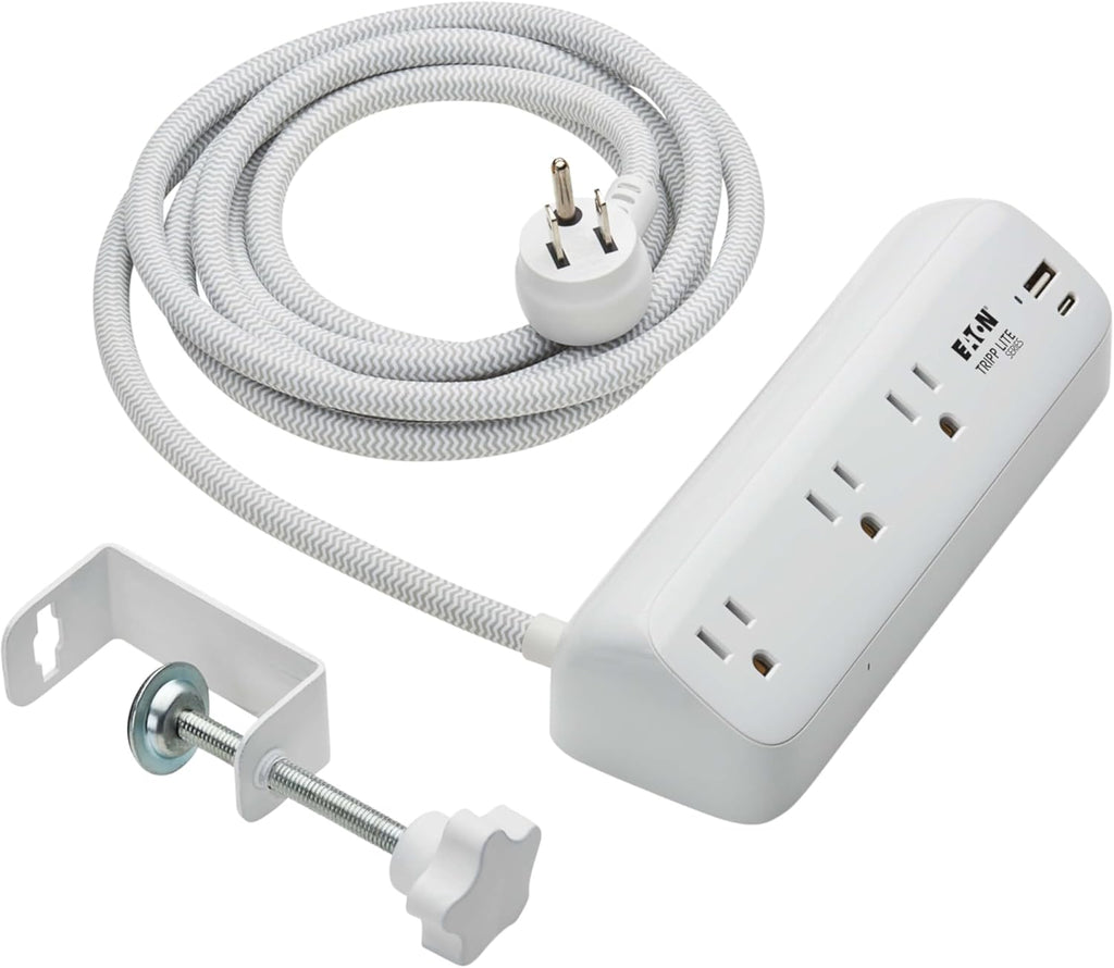Eaton Tripp Lite Series Desk Clamp Power Strip Surge Protector, 3-Outlets, USB-A & USB-C Charging Ports, 900 Joules, 8ft Braided Flat Extension Cord, Lifetime Manufacturer's Warranty (TLP308U20CLAMP)