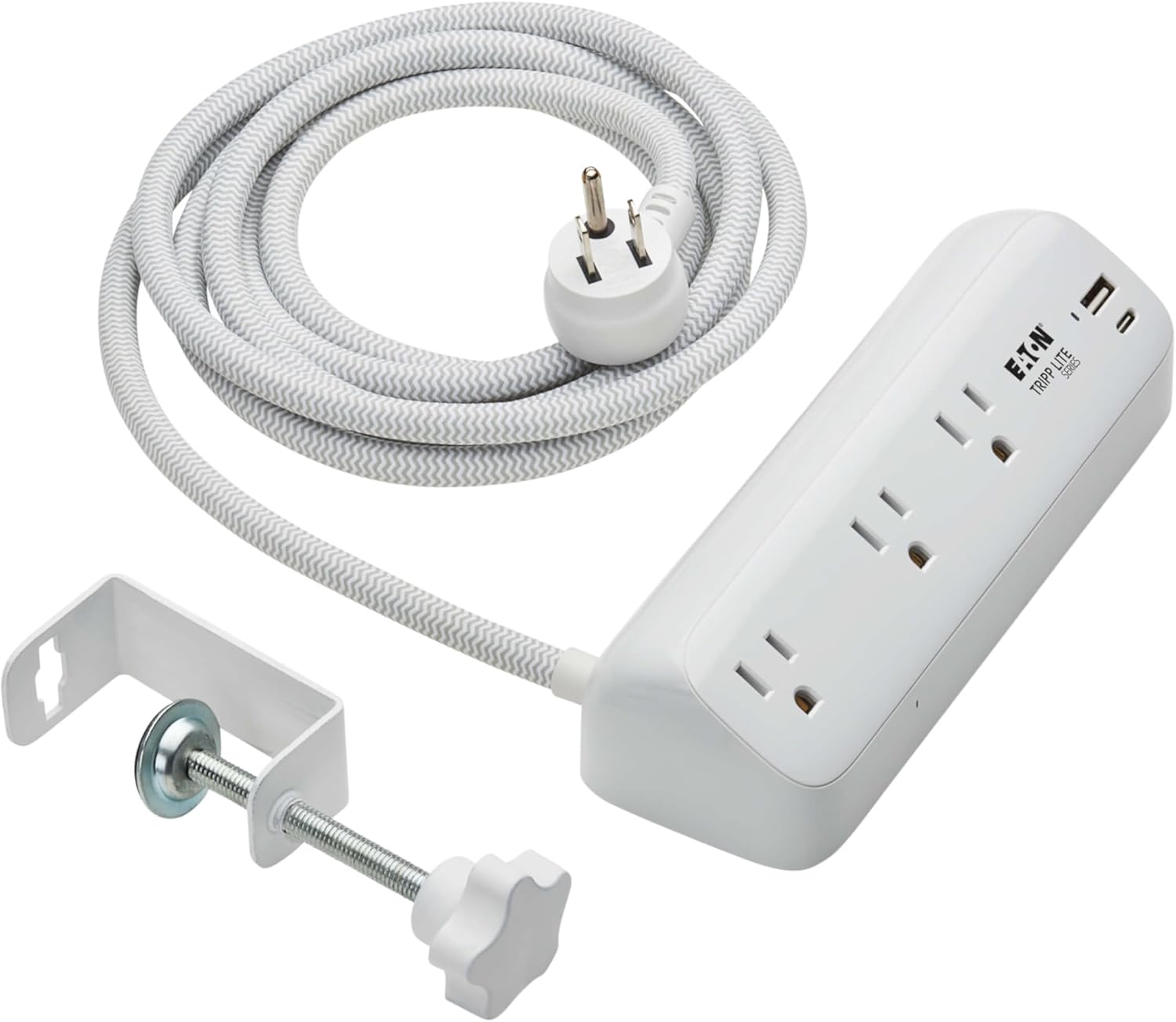 Eaton Tripp Lite Series Desk Clamp Power Strip Surge Protector, 3-Outlets, USB-A & USB-C Charging Ports, 900 Joules, 8ft Braided Flat Extension Cord, Lifetime Manufacturer's Warranty (TLP308U20CLAMP)