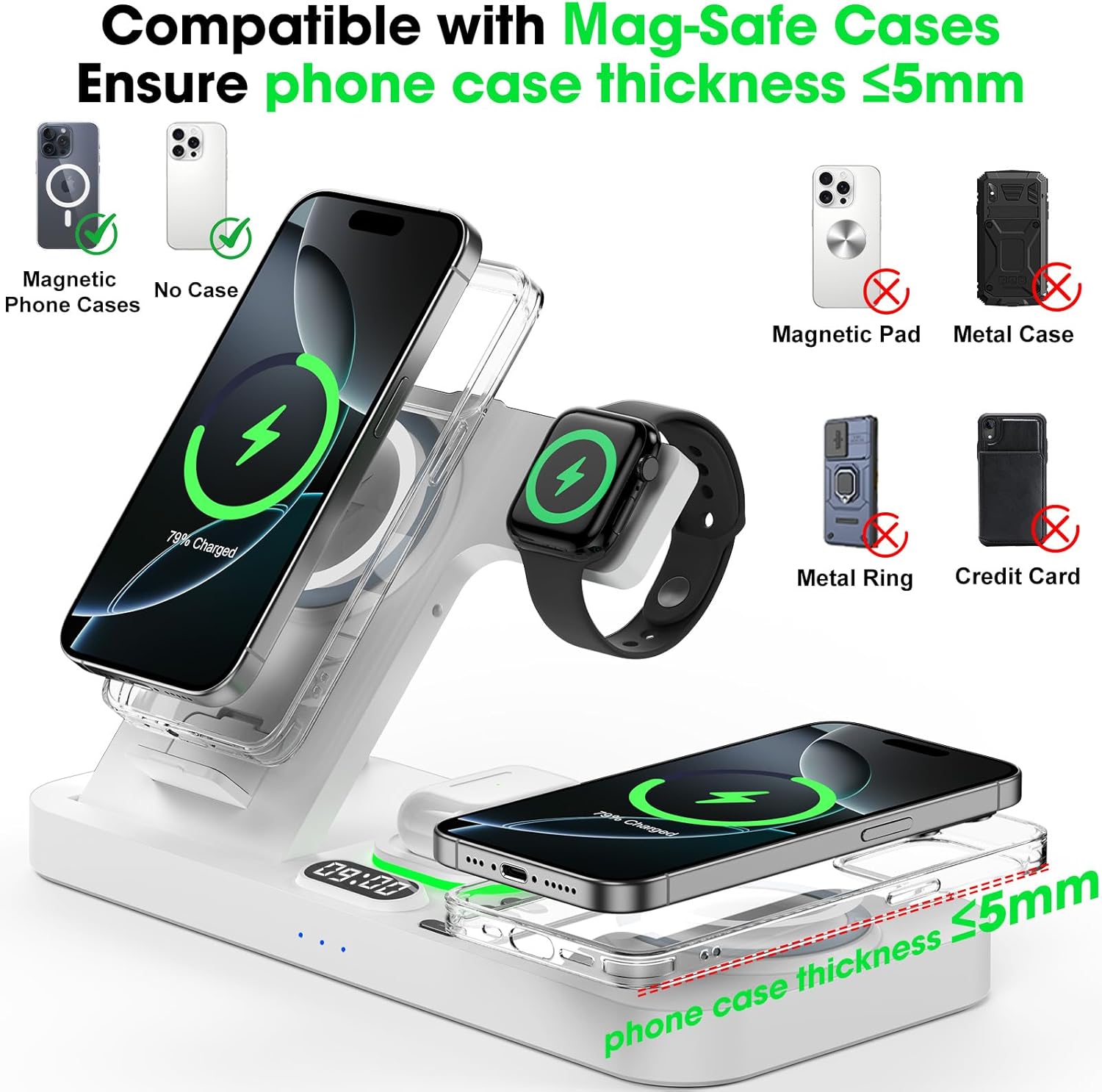 Dual Phone Wireless Charging Station for Apple Devices, Magnetic Charging Station for iPhone with Auto Switch 7-Color Light&Clock, Family Watch Charger for iPhone17 for iWatch10 for AirPods Pro3(White