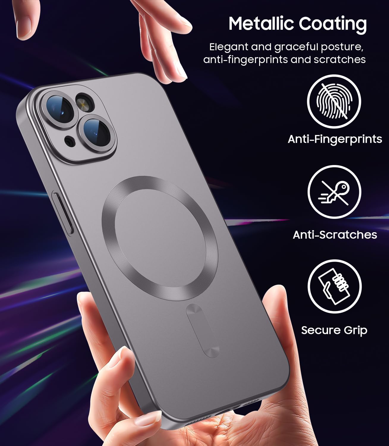 Magnetic for iPhone 15 Case [Compatible with MagSafe][Built-in Camera Lens Protector] Slim Soft Silicone Bumper Shockproof Metallic Shine Phone Case (Gray)