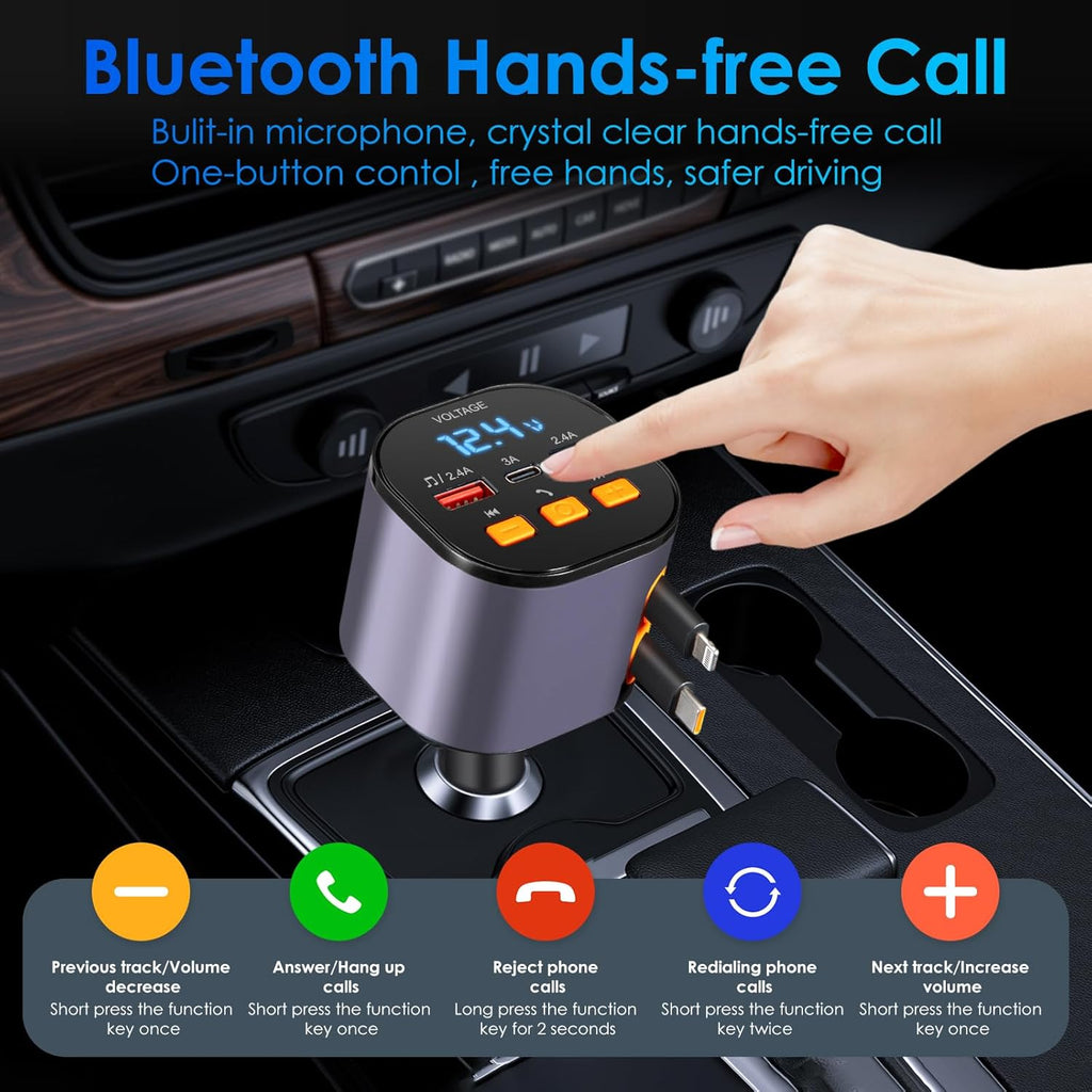 Retractable Car Charger,5 in 1 Fast Car Phone Charger 90W,Bluetooth 5.3 FM Transmitter Adapter,Handsfree Call,2 Retractable Cables and USB Cars Chargers for iPhone 15/14/13 (Purplr)
