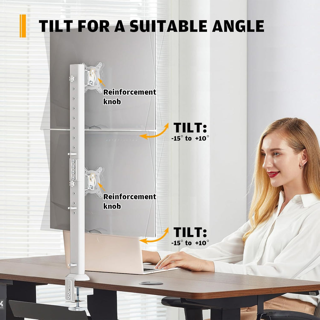 Hemudu Dual Monitor Articulating Desk Mount Arm Stand - Vertical Stack Screen Supports Two 13 to 34 Inch Computer Monitors with C Clamp White