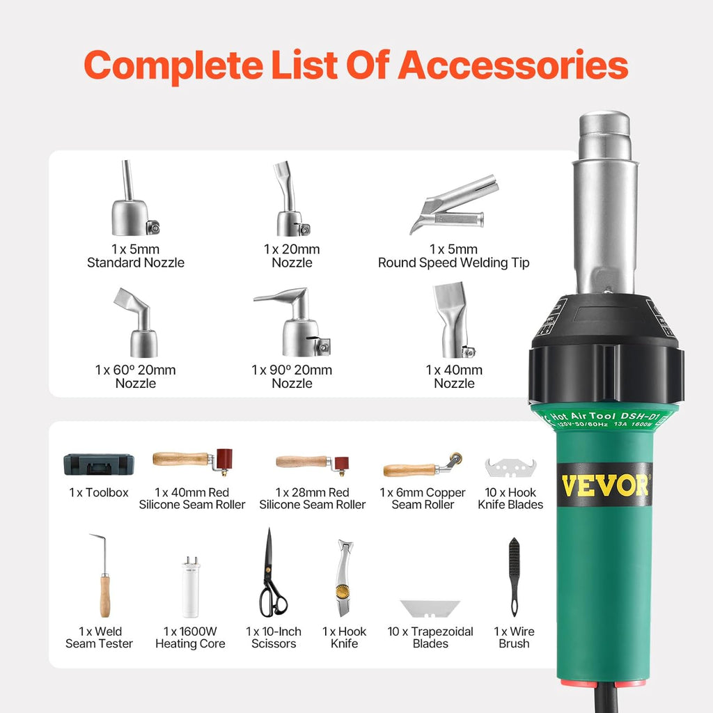VEVOR Hot Air Plastic Welder, 1600W Hot Air Torch Pistol, 122-1112℉ PVC TPO Vinyl Heat Gun Welding Torch, Plastic Roofing Welding Kit with 17 Accessories- Toolbox, Nozzle, Roller, Blades for PP/PE/PVC