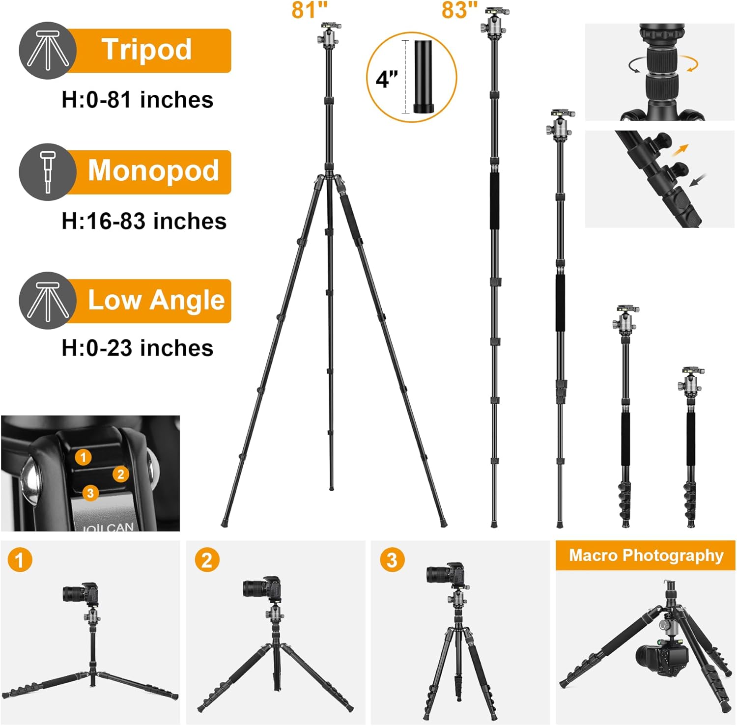 JOILCAN Tripod for Camera, 81" Aluminum Camera Tripod Monopod, Heavy Duty Travel Tripods for Spotting Scope Binoculars Laser Level, Payload 35Lb