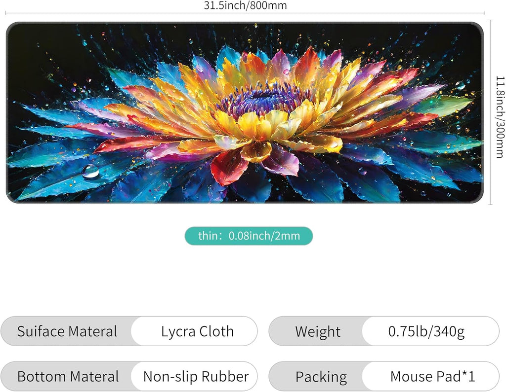 Dynippy Thin Extended Gaming Mouse Pad （31.5 * 11.8 * 0.08 inch） with Stitched Edges Large, Long XXL Keyboard and Mouse pad Desk Mat for Gaming Office & Home - Flower 30