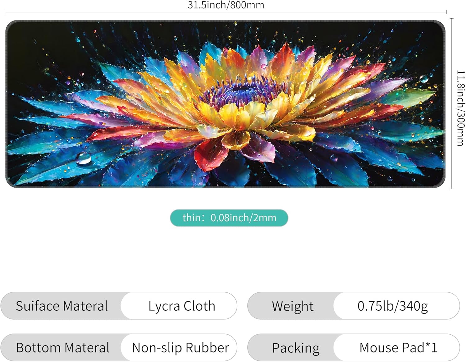 Dynippy Thin Extended Gaming Mouse Pad （31.5 * 11.8 * 0.08 inch） with Stitched Edges Large, Long XXL Keyboard and Mouse pad Desk Mat for Gaming Office & Home - Flower 30
