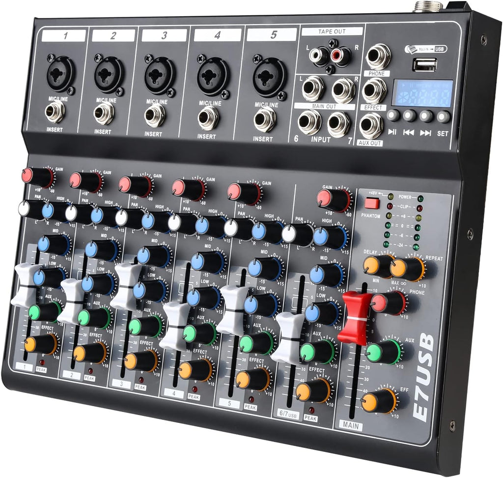 Dj Mixers 7 Channel Audio Mixer Sound Board with Bluetooth, Usb Audio Interface with 48V Phantom Power Sounds Mixer Board with FX Reverb Delay Effect for Streaming