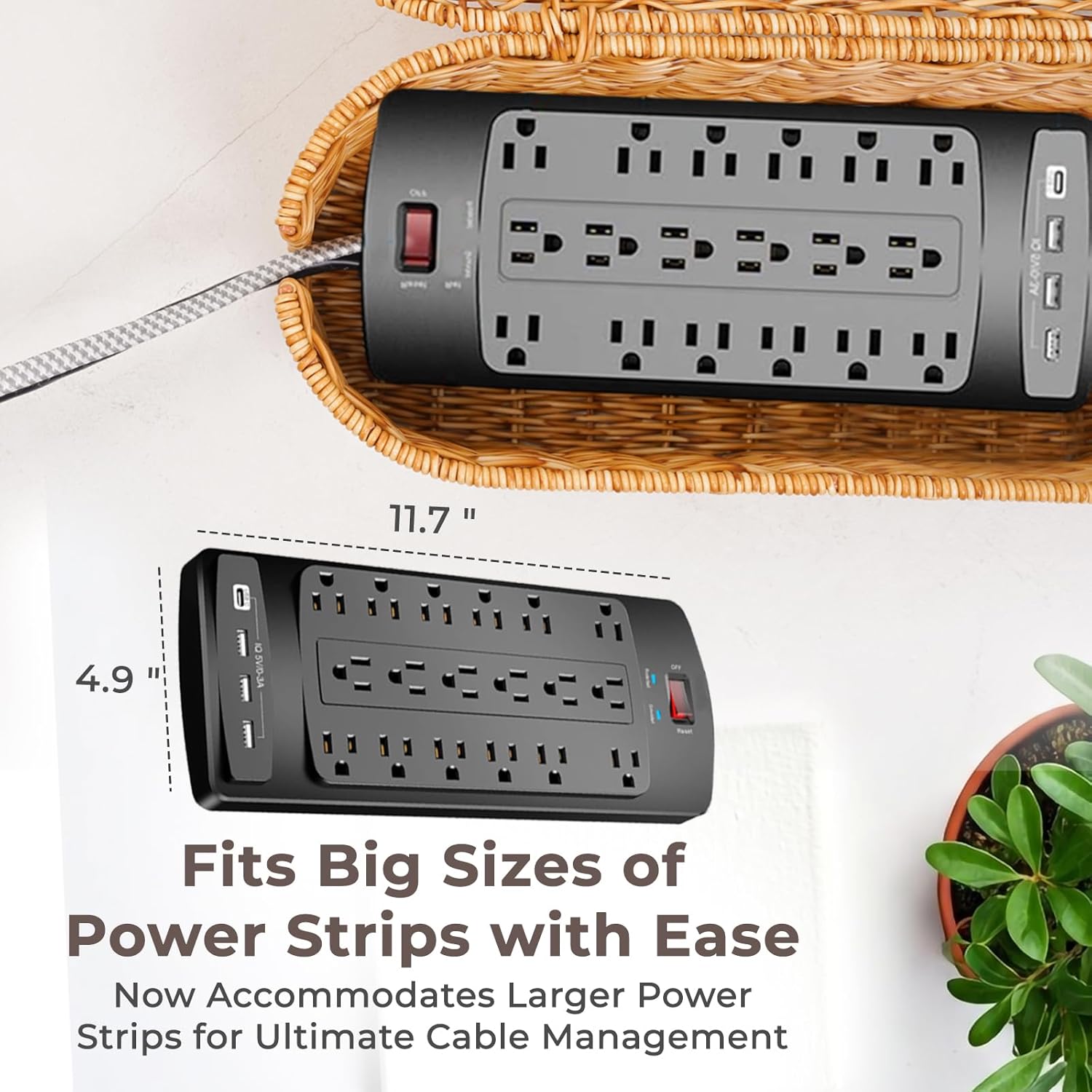 Cable Management Box, Handmade Rattan Cable Organizer, 2 Open Slots Cords Hider Box, Under Desk Cord Organizer for Computer Router USB Hub & Power Strip, Patent Pending, 15.9" x 6.5" x 6.5", Natural