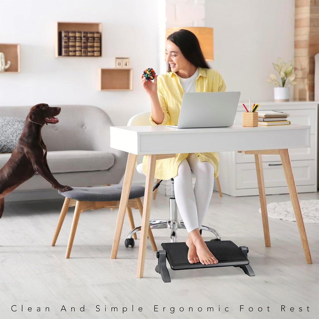 EHO Ottoman, Ergonomic Foot Rest for Under Desk, Adjustable Height and Angle, Rubber Platform, Anti-Slip, Ankle Support, Detachable Washable Cushion, Back and Leg Pain Relief, 21.6"L x 11.4"W, Black