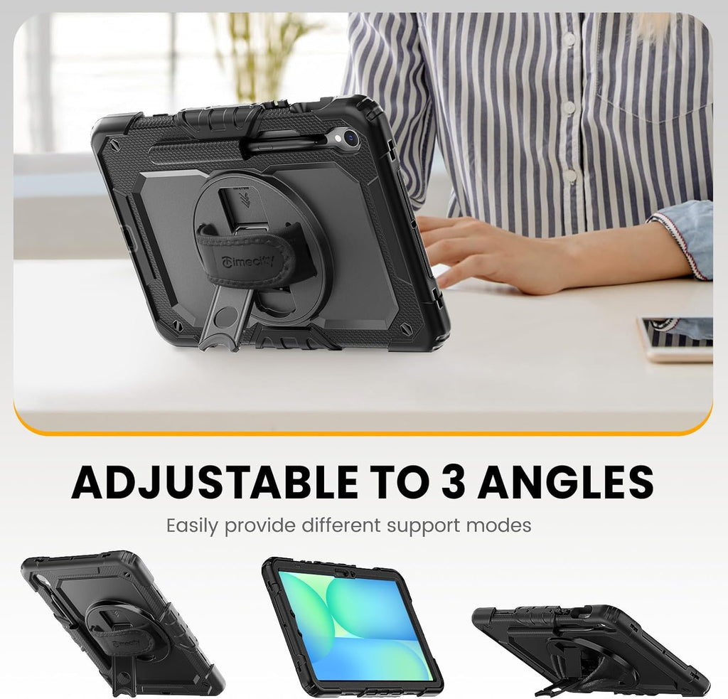 Timecity Case for Samsung Galaxy Tab S10 FE/ S9 FE 5G 10.9 Inch/ S9 11 Inch - Heavy Duty Protective Cover with Screen Protector, Rotating Stand, Shoulder Strap & S Pen Holder | Kids-Friendly, Black