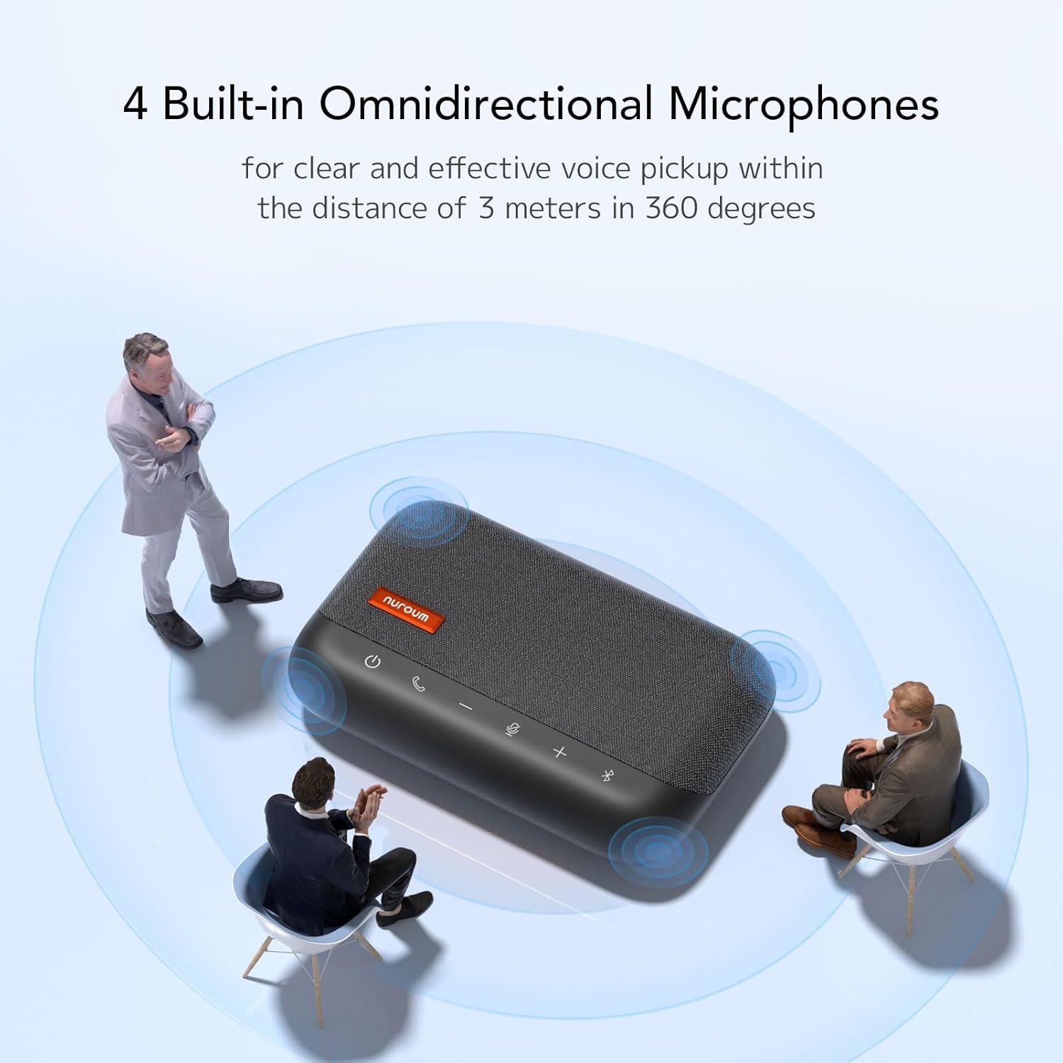 NUROUM A15 Conference Speaker and Microphone, Portable Bluetooth Wireless Speakerphone, 360° Noise Cancelling Voice Pickup, Daisy Chian for Calls/Computer/PC/Laptop via Bluetooth/Dongle/USB-A/C Grey
