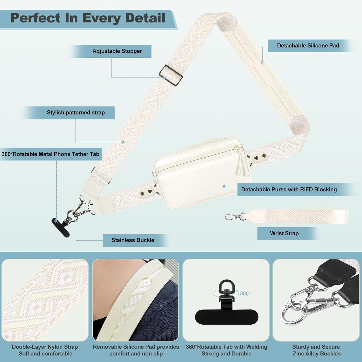 Clip and Go Strap for Phone with Wallet Crossbody, Adjustable Phone Lanyard with Detachable RFID Wristlet Wallet, Pattern Strap - Cream (L)