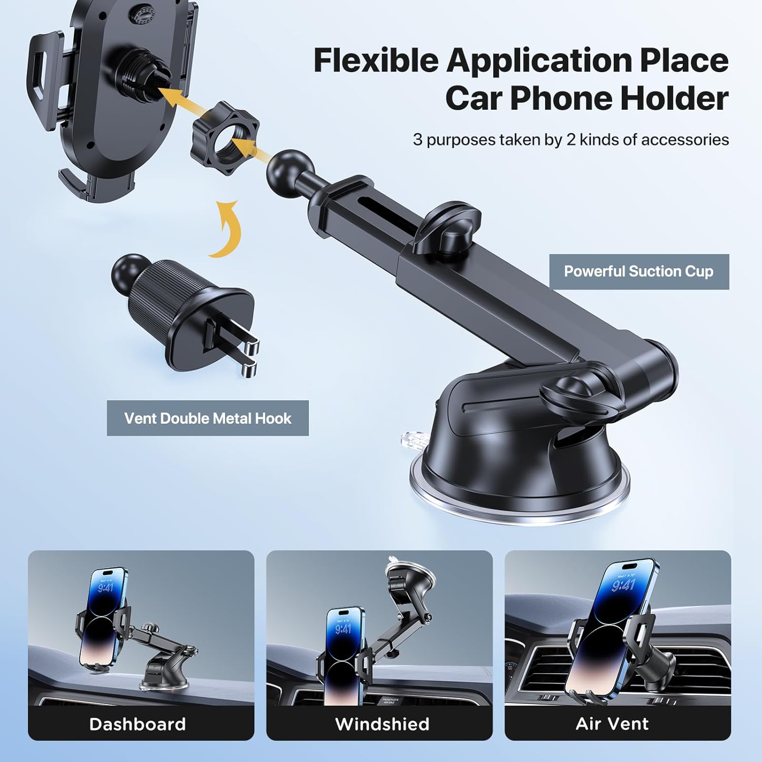 Miracase Phone Holders for Your Car, [Thick Case & Heavy Phone Friendly] Universal Cell Phone Car Mount, 3-in-1 Phone Mount for Car Dashboard Windshield Air Vent Fit for All Smartphones, Grey