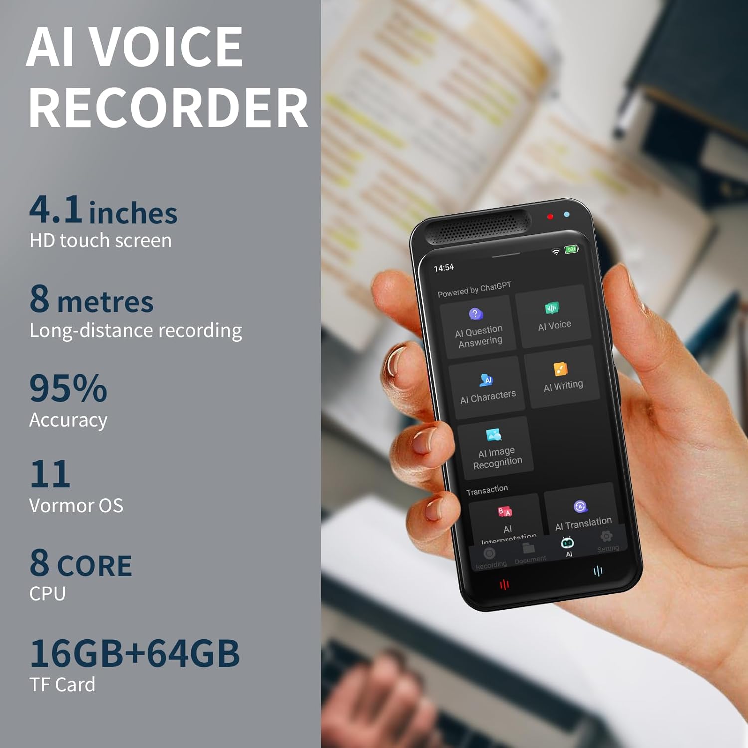 AI Voice Recorder with Playback, Digital Voice Recorder with AI Transcription, Summary, Translation, Full Touch Screen Recorder with 80GB, Audio Recorder Device for Meetings, Lectures, Interviews