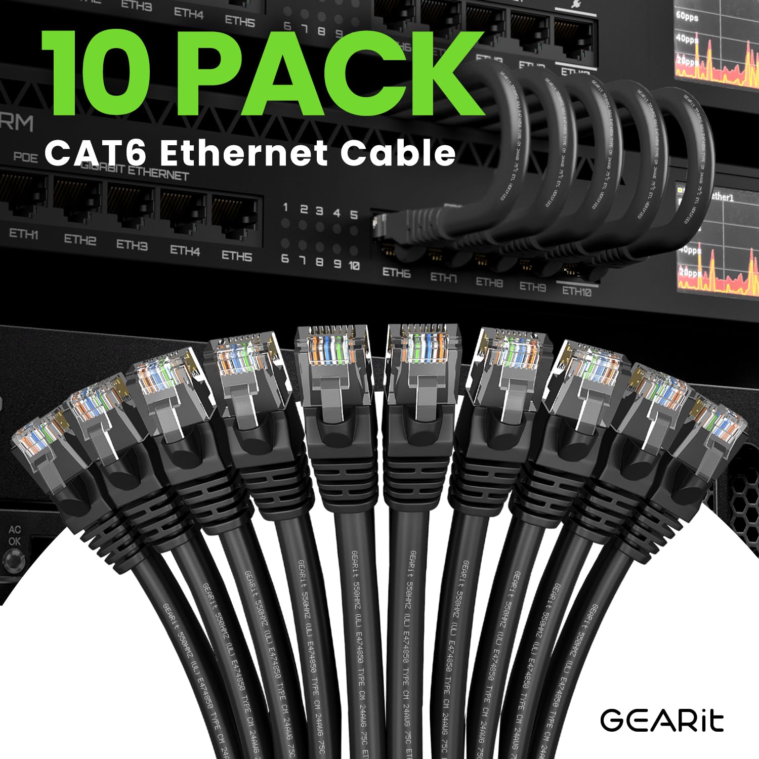 GEARit Cat 6 Ethernet Cable Pack - 10-Pack 25 ft Cat6 Ethernet Patch Cables | RJ45 Network Patch Cable, 10 Gbps Snagless Gold-Plated Connectors - Ethernet Cable Cat 6 for PC, TV, Router - Black
