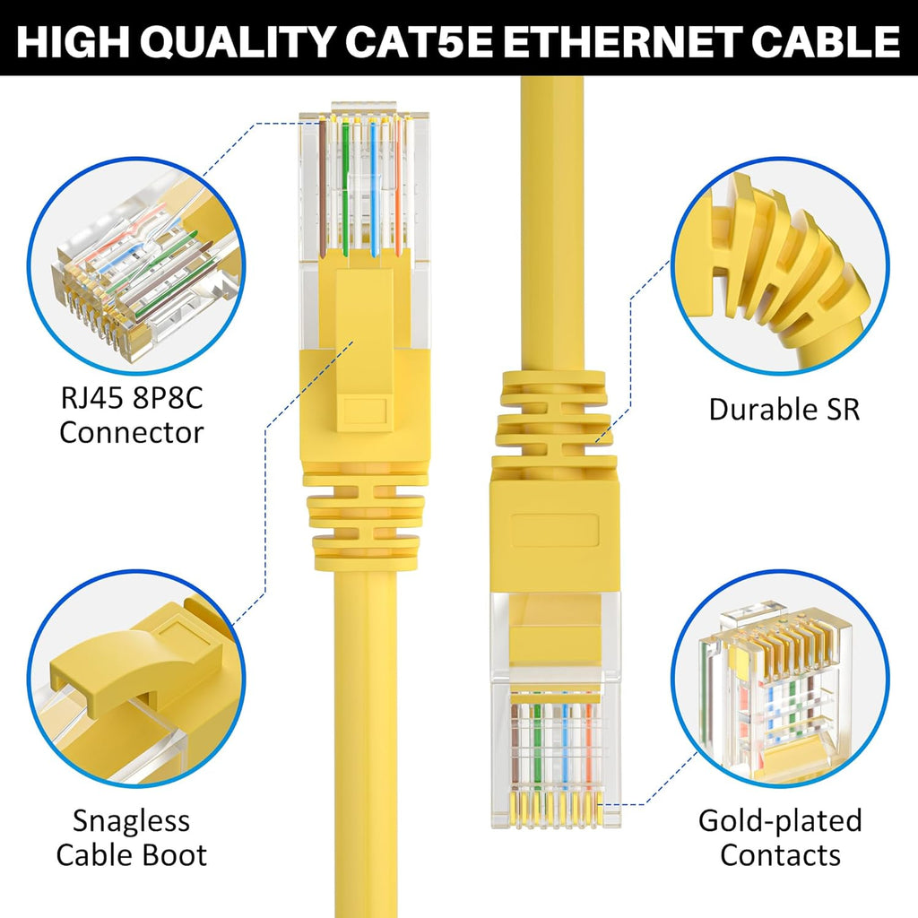 Cat5e Ethernet Cable 200 FT, Long Cat 5e Internet Cable, Yellow Snagless Patch Cord, Flexible, Network, LAN, PoE, Standard RJ45 Connector for PC, Server, Router, Modem, TV, PS5 - with 15 Cable Ties