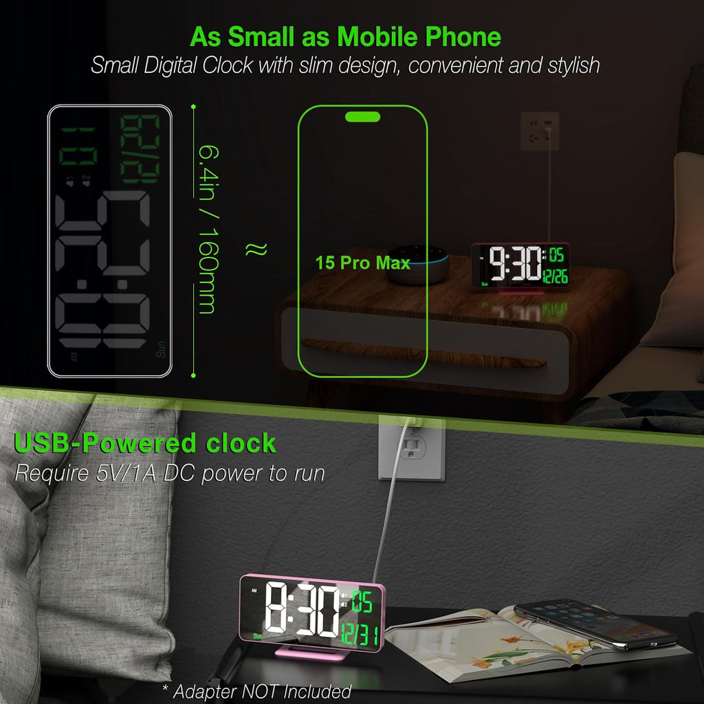 KOSUMOSU Pink Digital Clock 6.7in Desk Clock with Dual Alarm Clock, Dimming, 12/24h, Date, Day of Week, Temp, Digital LED Clock, Alarm Clock for Table, Digital Calendar Table Clocks for Bedrooms