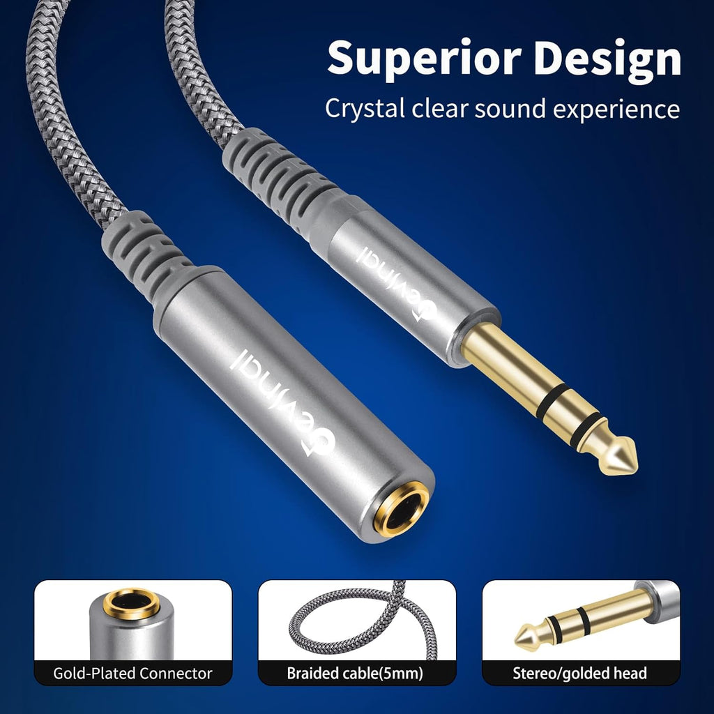 Devinal 1/4 inch Headphone Extension Cable, 6.35mm TRS Male to Female Stereo Cord, Quarter Inch Guitar Cable Extender, 10ft (3 Meters)