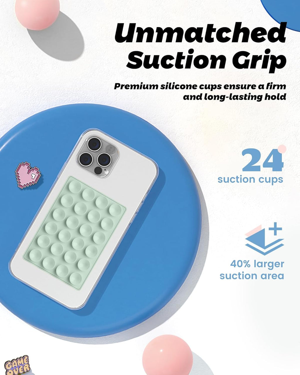 amBand Cute Preppy Stuff Silicone Suction Cup Phone Mount, Detachable Sticky Grip Holder for MagSafe Case, Easy to Use Video Accessories for Yoga/Dance/Call/Fitness, Matcha Green