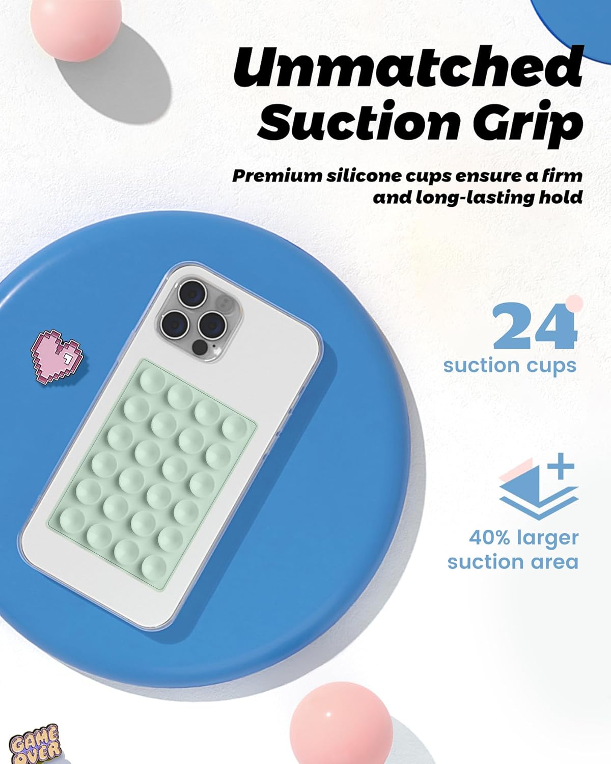 amBand Cute Preppy Stuff Silicone Suction Cup Phone Mount, Detachable Sticky Grip Holder for MagSafe Case, Easy to Use Video Accessories for Yoga/Dance/Call/Fitness, Matcha Green