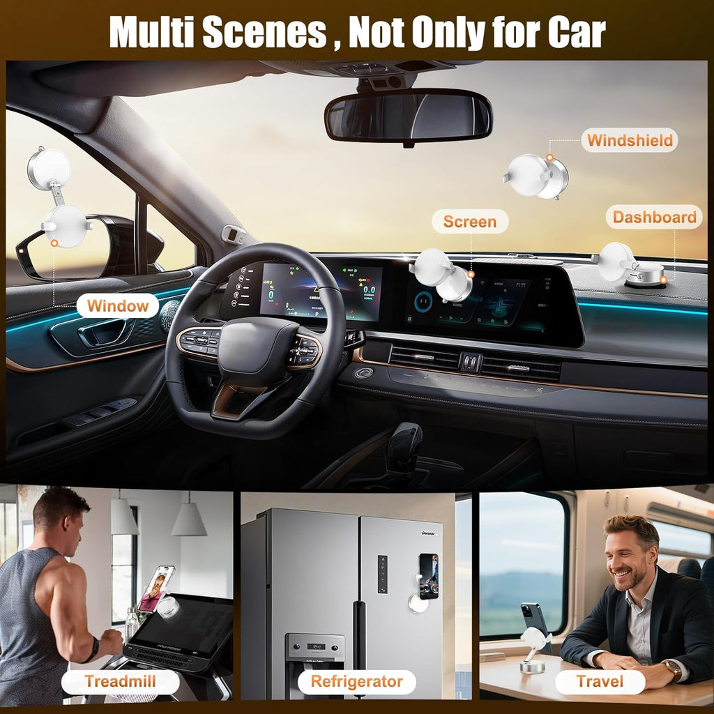 OOCC Magnetic Phone Holders for Your Car, 360°Rotating Adjustable Magsafe Car Phone Mount, Foldable Vacuum Magnetic Car Phone Holder for All Smartphones & All Car Models, White