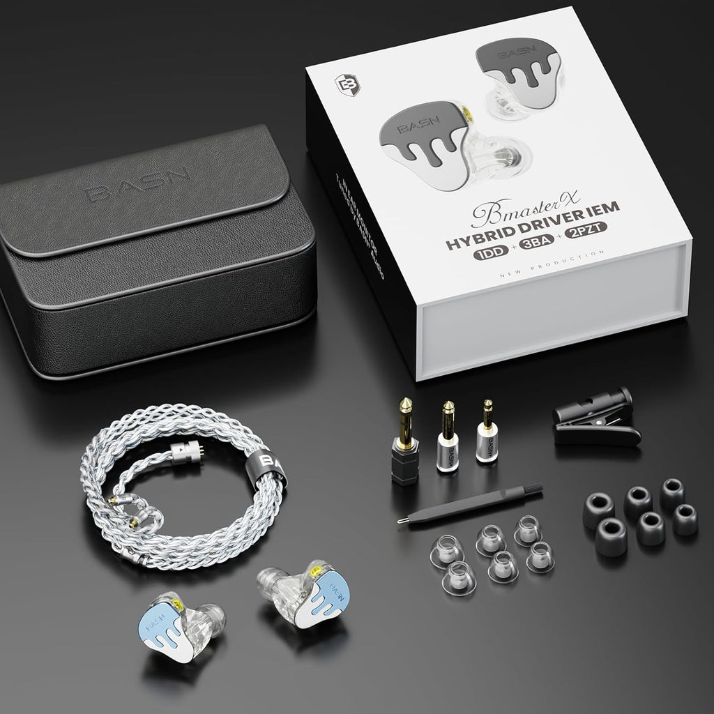BASN BmasterX in Ear Audio Monitor, Hybrid 6 Drivers IEM Earphones with Crystal Clear Sound, Detachable Cable Plus Carrying Case & Fit Kit for Musician, Stage, Studio (3.5mm/4.4mm Jack, Blue/White)