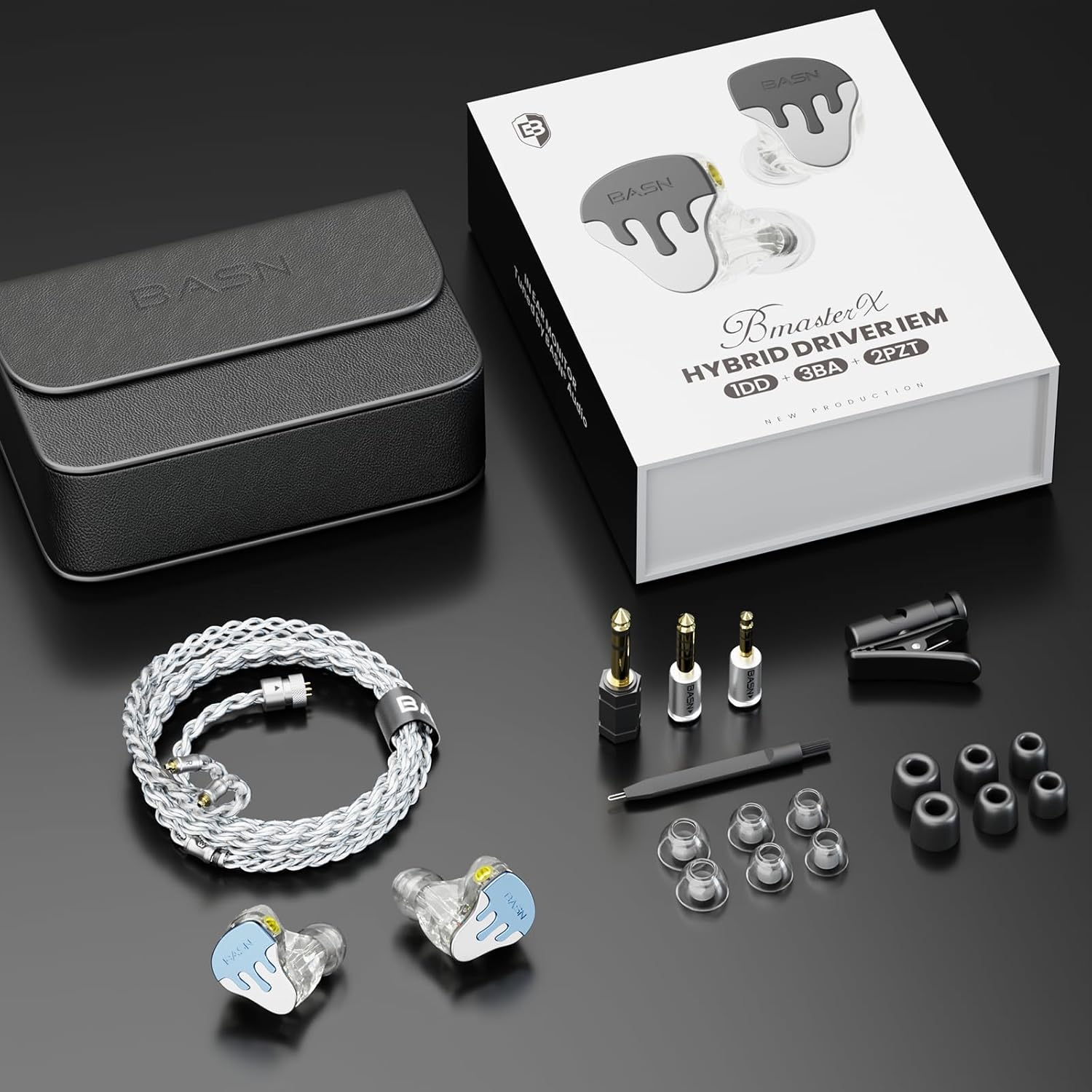 BASN BmasterX in Ear Audio Monitor, Hybrid 6 Drivers IEM Earphones with Crystal Clear Sound, Detachable Cable Plus Carrying Case & Fit Kit for Musician, Stage, Studio (3.5mm/4.4mm Jack, Blue/White)