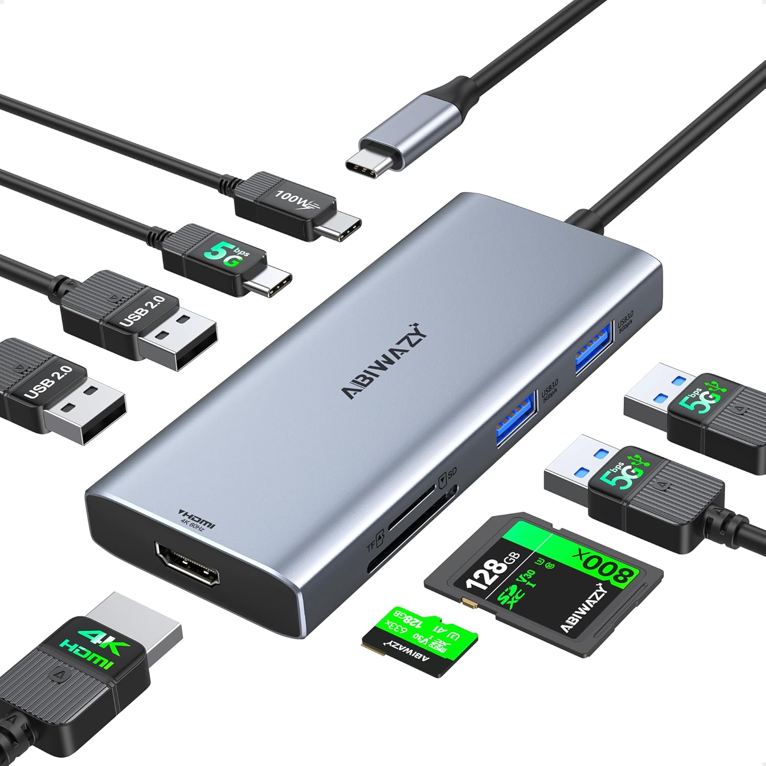 USB C Hub Multiport Adapter for MacBook Pro/Air, 9 in 1 USB C Dongle Dock Mac HDMI Adapter Compatible for iPad Pro, iMac, Dell XPS, Thinkpad(4K@60Hz HDMI, SD/TF Card Reader, 100W PD, 5 USB Ports)