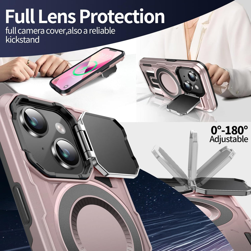 Camera Stand Case for iPhone 14 Plus, [Compatible with Mag Safe] [Lens Cover] 2024 Version Military Grade Protective Soft Case for iPhone 14 Plus 6.7 inch Men Women,Pink