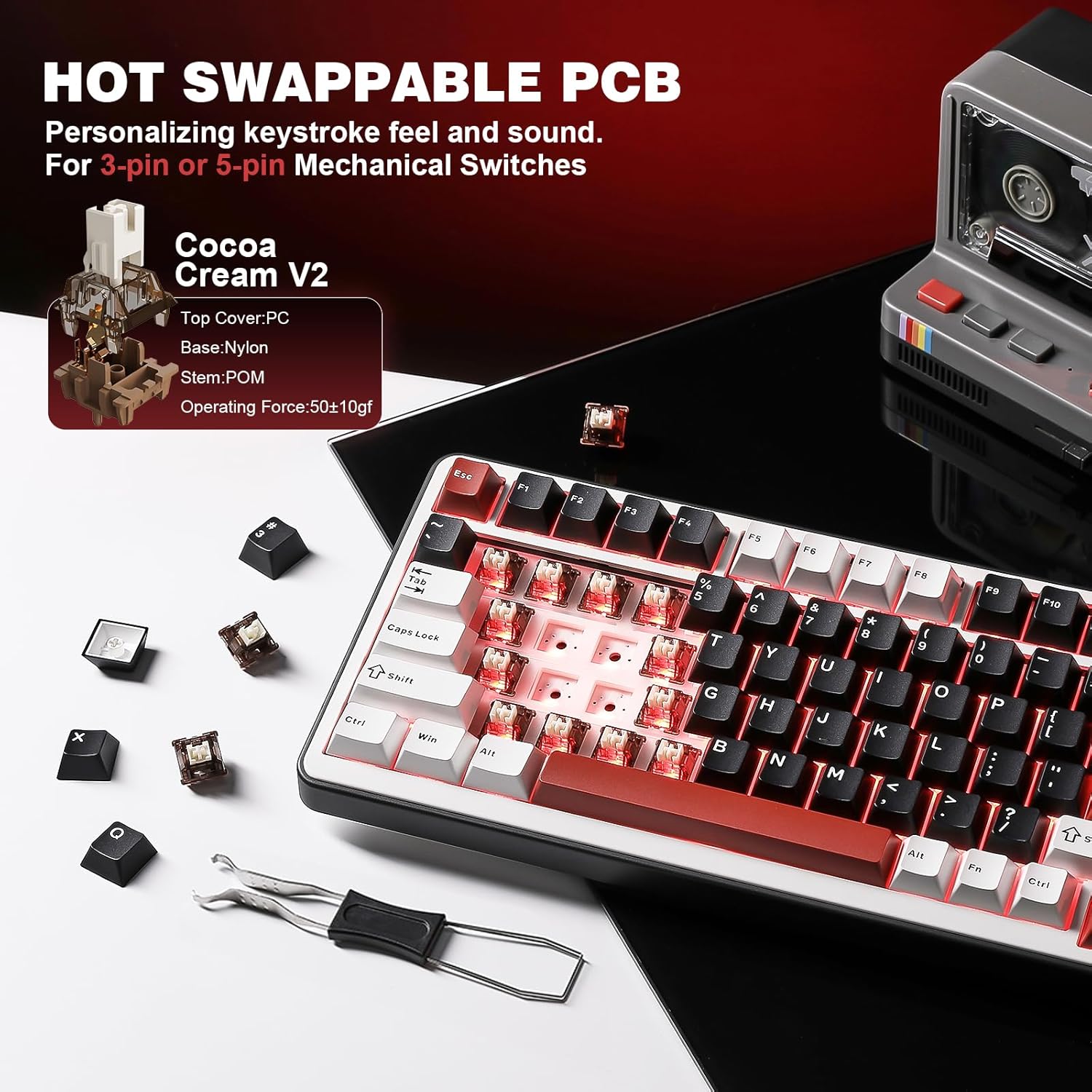 YUNZII B75 PRO Wireless Mechanical Keyboard,75% Layout with Knob,Hot Swap Gasket Custom Structure,Creamy Pre-lubed Switches,RGB Backlit,Bluetooth/Type-C/2.4G for Win/Mac(Cocoa Cream V2 Switch,Black)