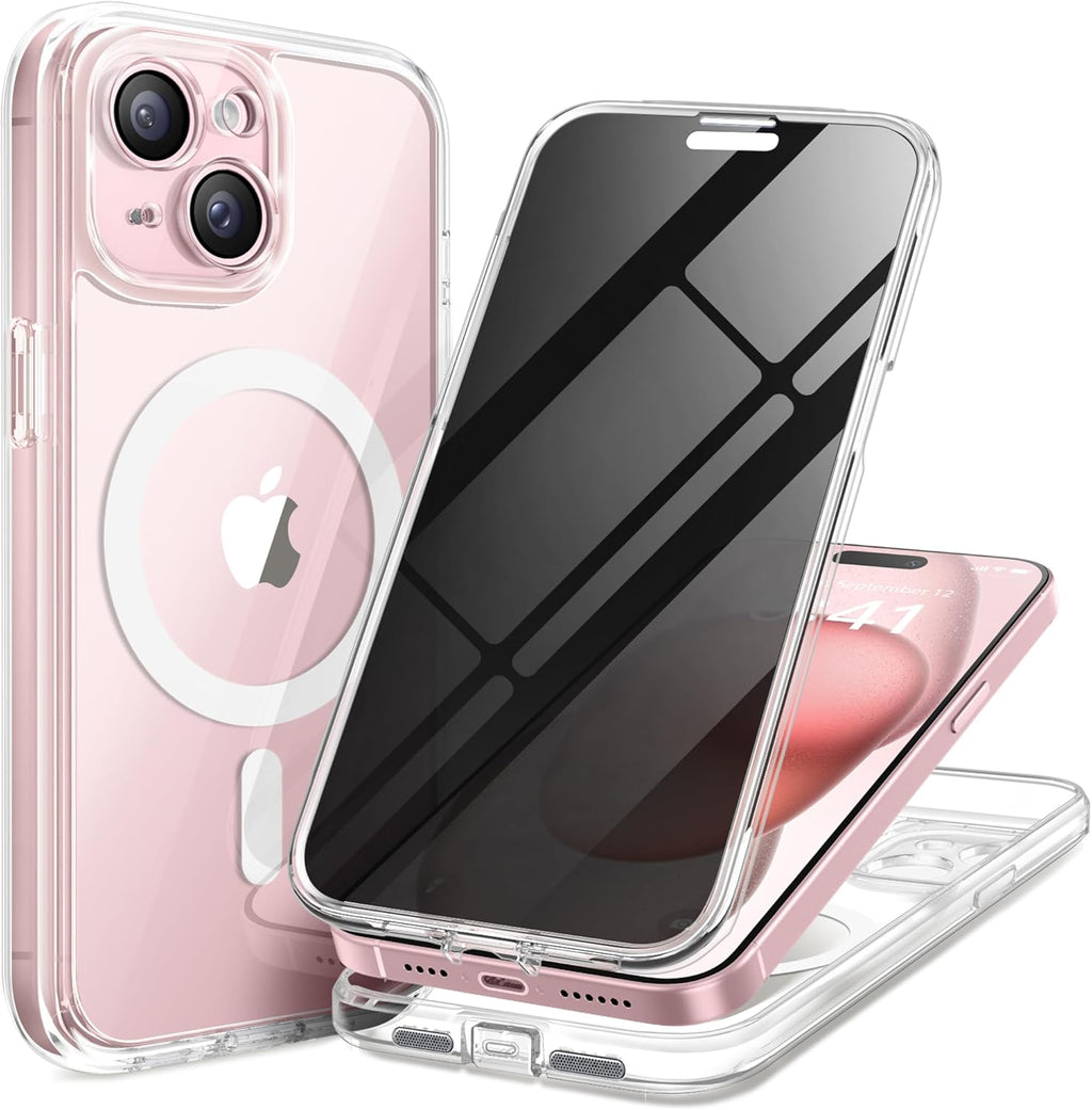 Magnetic for iPhone 15 Plus Case, Compatible with MagSafe, Built-in Privacy Screen Protector and Camera Protection, Anti Spy Full Body Dustproof Shockproof Hard Phone Case 6.7", Clear