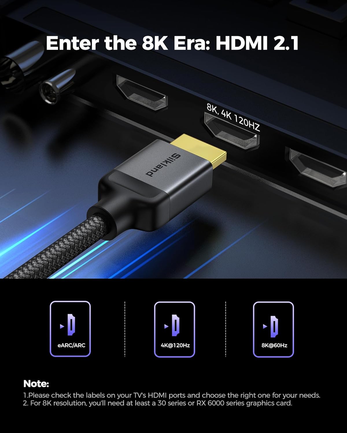 Silkland Certified Long 10K 8K HDMI 2.1 Cable 20ft, (Upgrade Braided) Ultra High Speed HDMI® Cable [8K@60Hz, 4K@120Hz] 48Gbps, HDR, eARC, HDCP 2.2/2.3, Compatible for PS5/Xbox/Soundbar/Roku TV