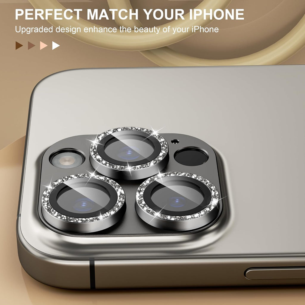beuxece Compatible for iPhone 16 Pro/iPhone 16 Pro Max Camera Lens Protector, Bling Metal Tempered Glass Camera Screen Cover Accessories [Strong Adsorption][Case-Friendly]- Glitter Titanium Natural