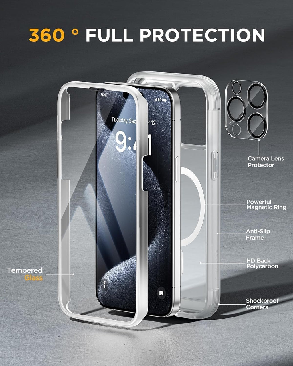 Miracase Magnetic for iPhone 12 Pro Max Case [Compatible with MagSafe] Full-Body Phone case with Built-in Glass Screen Protector& Camera Protector, Military Drop Proof 12 Pro Max Cover, Matte Clear