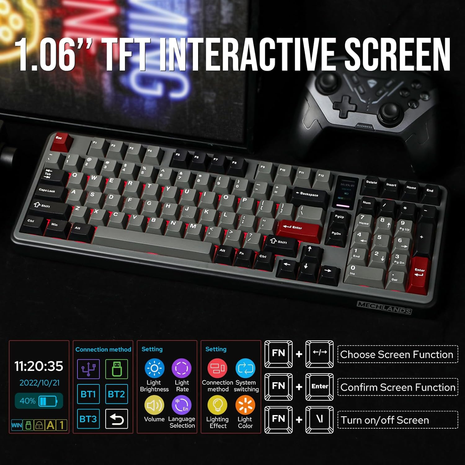 Vibe99 Wireless Gaming Keyboard with 1.06'' Screen, 96% Hot Swappable Creamy Mechanical Keyboard with Gasket Structure, BT5.0/2.4GHz/USB-C, 5-Layer Padding, RGB, NKRO for Win/Mac (Black)