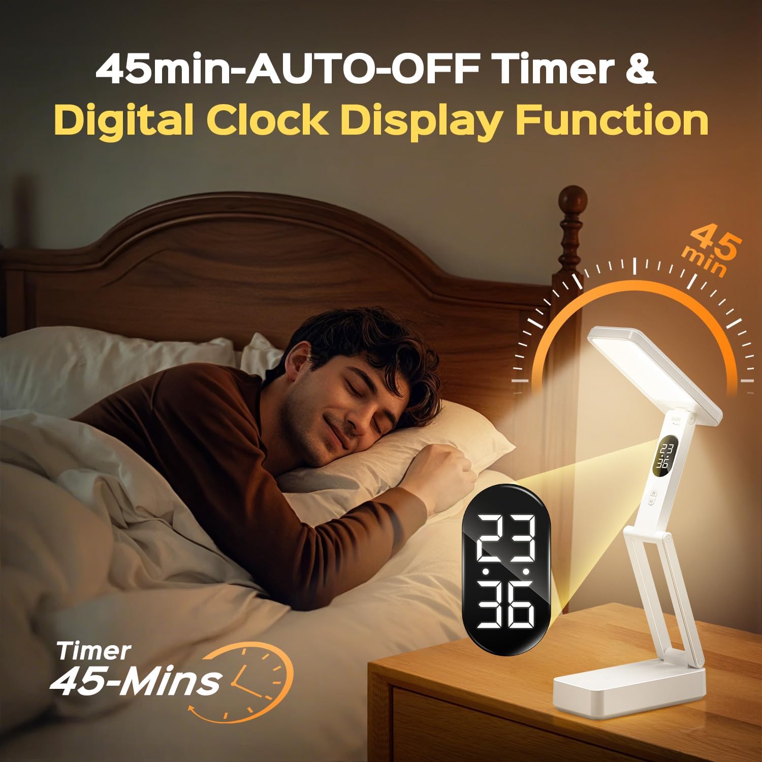 Small Desk Lamp,10000mAh Battery Operated Lamp,3 Colors+Dimmable Desk Light,LED Desk Lamp with USB Charging Port+Digital Clock+45min-Timer,Wireless & Portable Light,Desk Lamps for Home Office,Craft