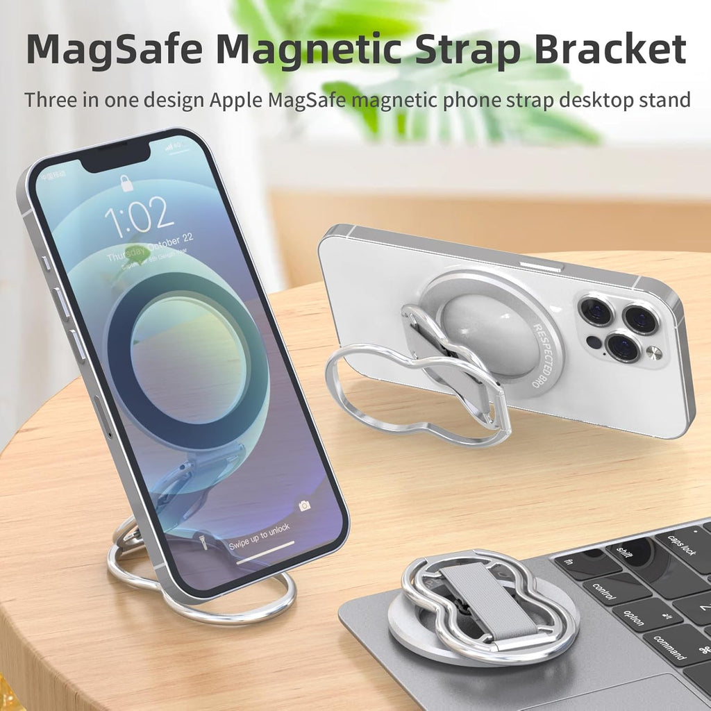 RESPECTED-BRO-Magnetic-Phone-Grip-Stand-with-Finger-Strap, 4-in-1 Magnetic Ring Holder, Kickstand and Elastic Strap for Smartphones, Universal Fit for iPhone, Android, and Cases (Silver)