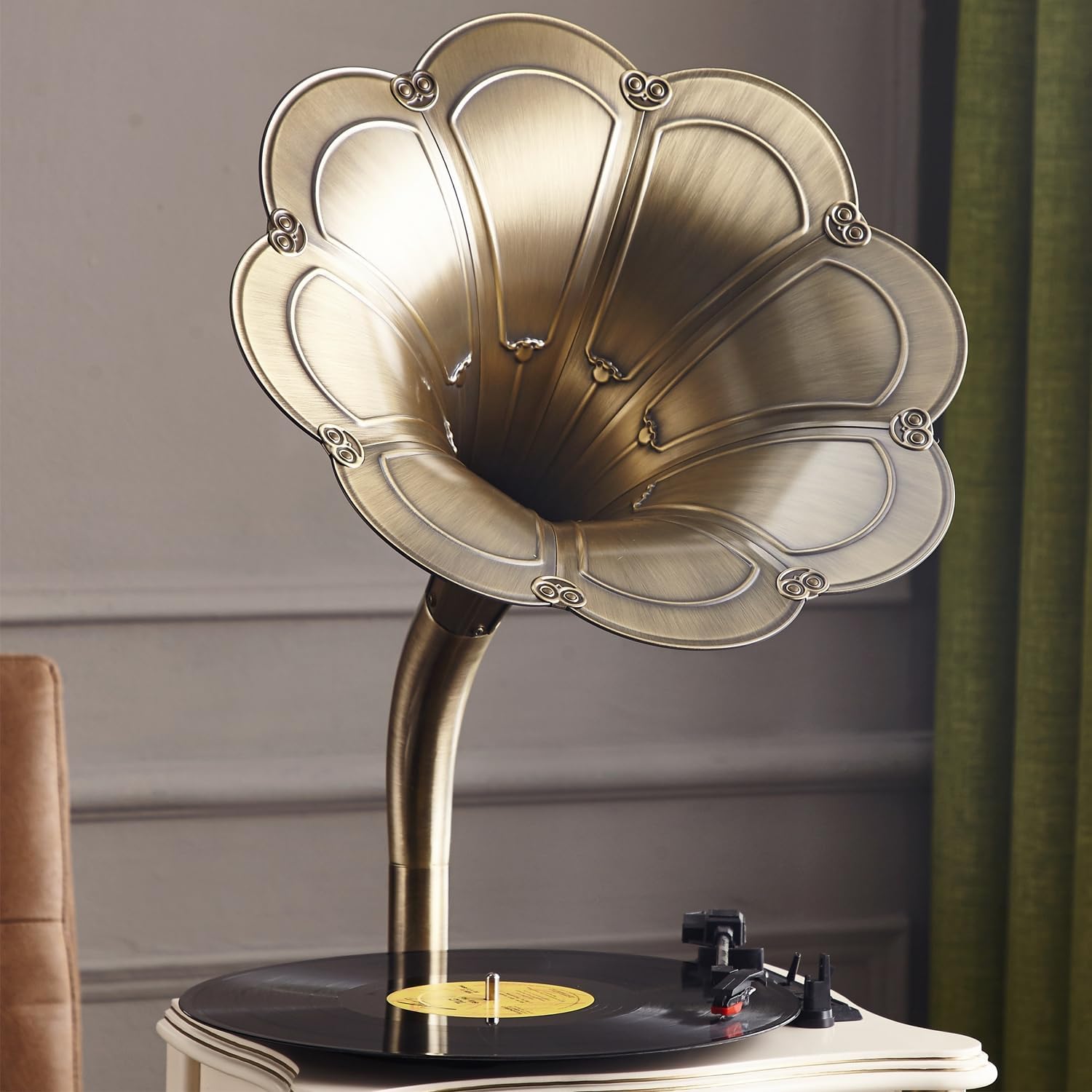 Vintage Gramophone with Bluetooth Output Vintage Record Players Retro Gramophone Turntables for 7" 9" 12" Vinyl Records 3 Speed, Hi-Fi, Handcrafted by Pure Oak(White Gold)