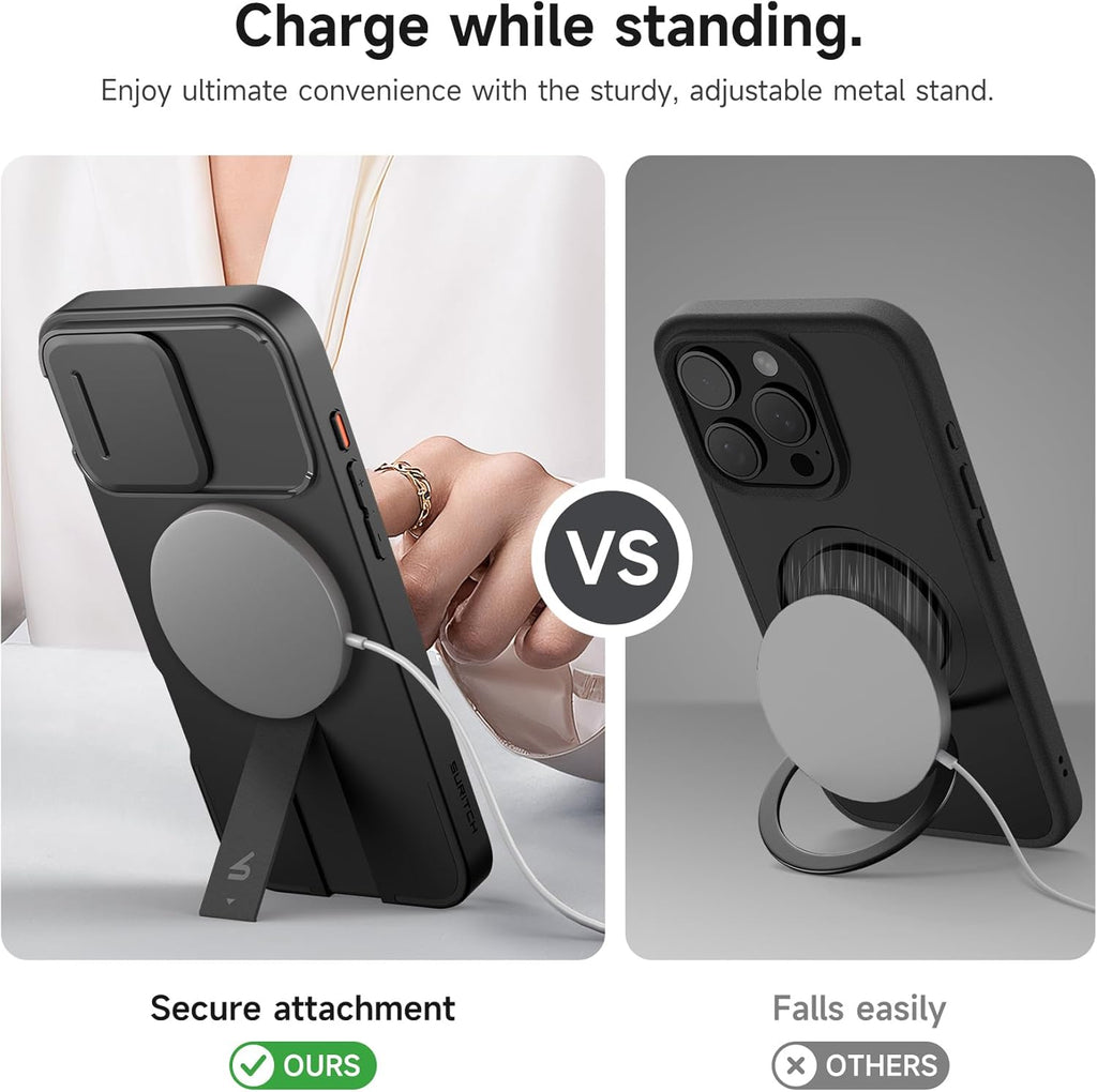 SURITCH for iPhone 16 Pro Max Case with Magnetic Camera Slide Cover and Adjustable Kickstand, Compatible with MagSafe, Shockproof Bumper Case Slim Protective Cover 6.9 Inch, Black