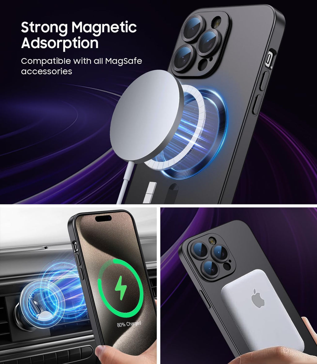 Magnetic for iPhone 15 Pro Max Case [Compatible with MagSafe][Built-in Camera Lens Protector] Slim Soft Silicone Bumper Shockproof Metallic Luster Phone Case (Black)