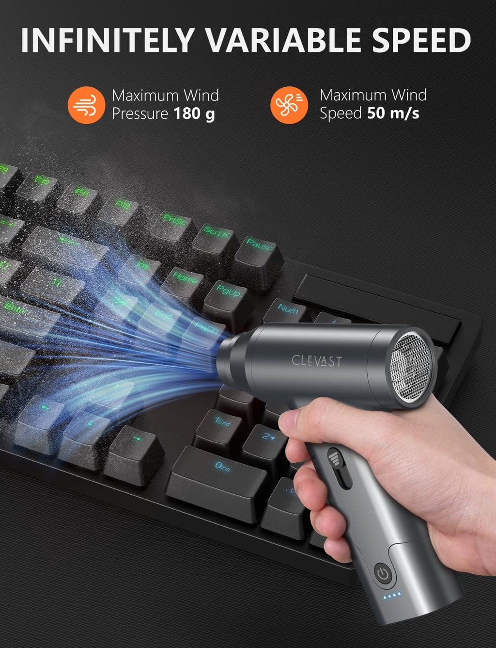 CLEVAST Compressed Air Duster - Cordless Mini Air Blower with Stepless Speed Control, 130000 RPM Brushless Motor, Rechargeable Electric Duster for PC, Keyboard, Car, Electronics Cleaning Kit